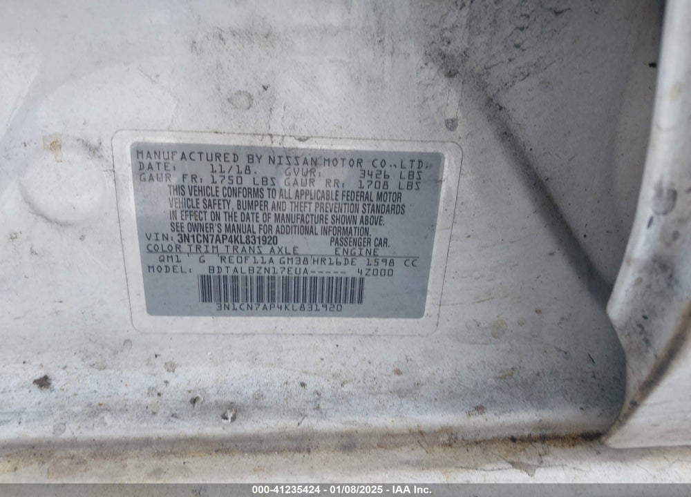 2019 NISSAN VERSA VIN: 3N1CN7AP4KL831920