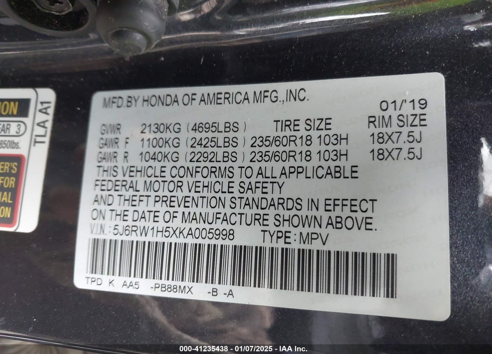 2019 HONDA CR-V VIN: 5J6RW1H5XKA005998