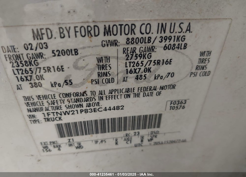 2003 FORD F-250 LARIAT/XL/XLT VIN: 1FTNW21P83EC44482