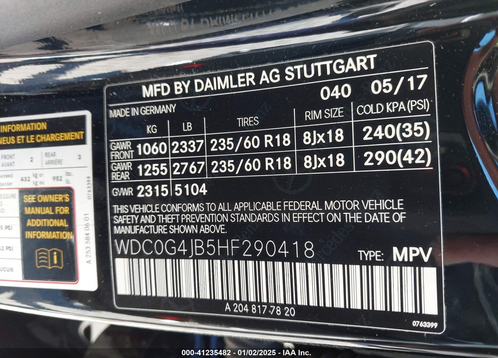 2017 MERCEDES-BENZ GLC 300 VIN: WDC0G4JB5HF290418