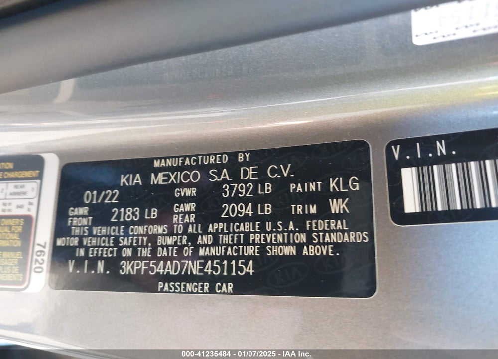 2022 KIA FORTE GT LINE VIN: 3KPF54AD7NE451154