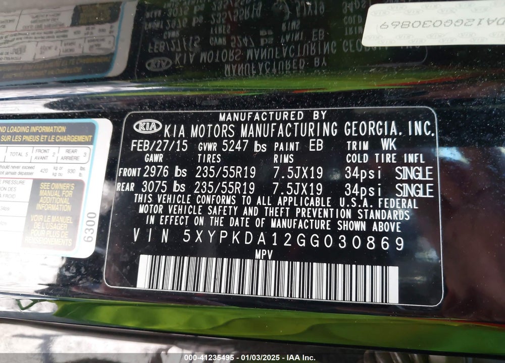 2016 KIA SORENTO 2.0T SXL VIN: 5XYPKDA12GG030869