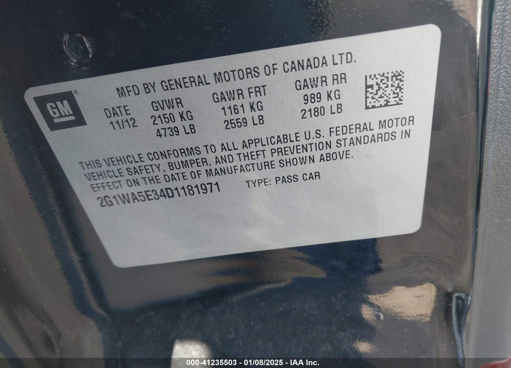 2013 CHEVROLET IMPALA VIN: 2G1WA5E34D1181971