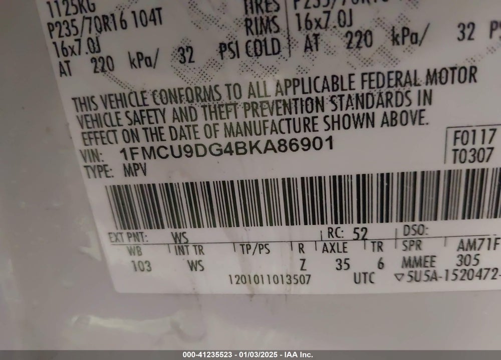 2011 FORD ESCAPE XLT VIN: 1FMCU9DG4BKA86901