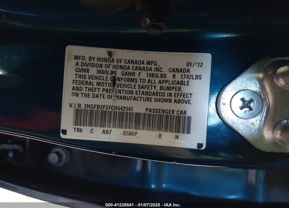 2012 HONDA CIVIC SDN VIN: 2HGFB2F57CH542541