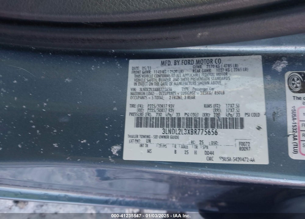 2011 LINCOLN MKZ VIN: 3LNDL2L3XBR775656