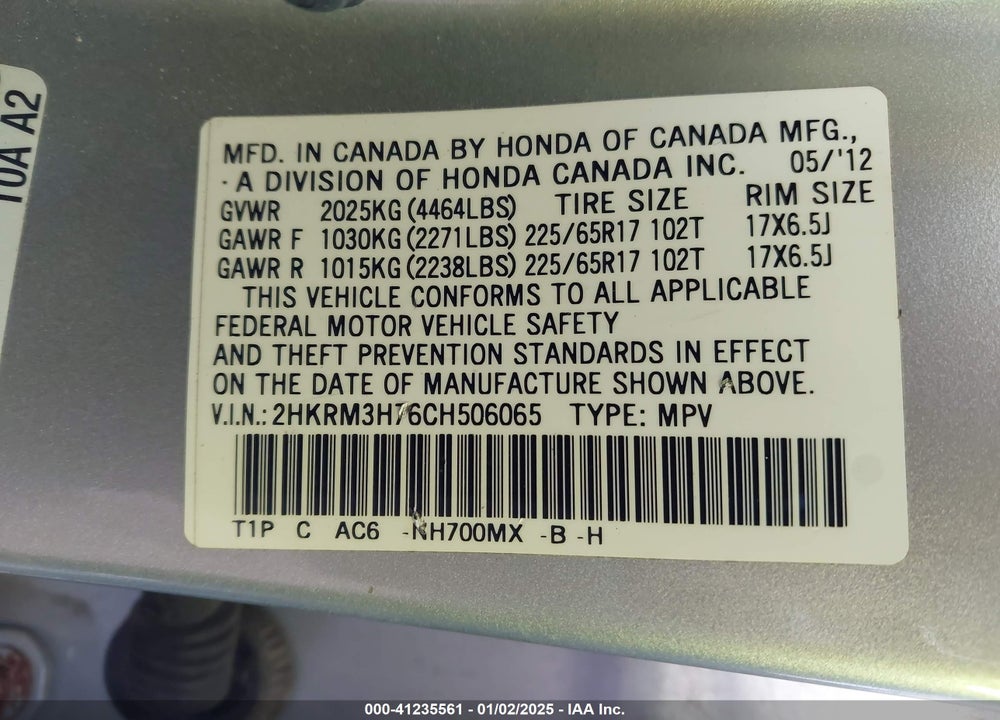 2012 HONDA CR-V VIN: 2HKRM3H76CH506065