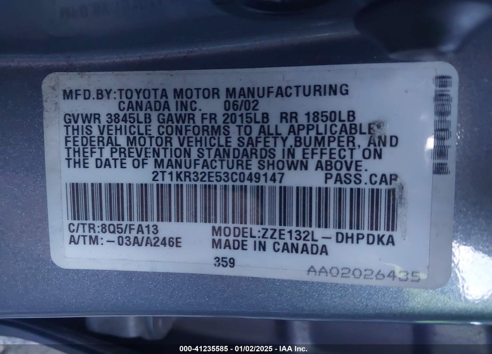 2003 TOYOTA MATRIX STANDARD VIN: 2T1KR32E53C049147