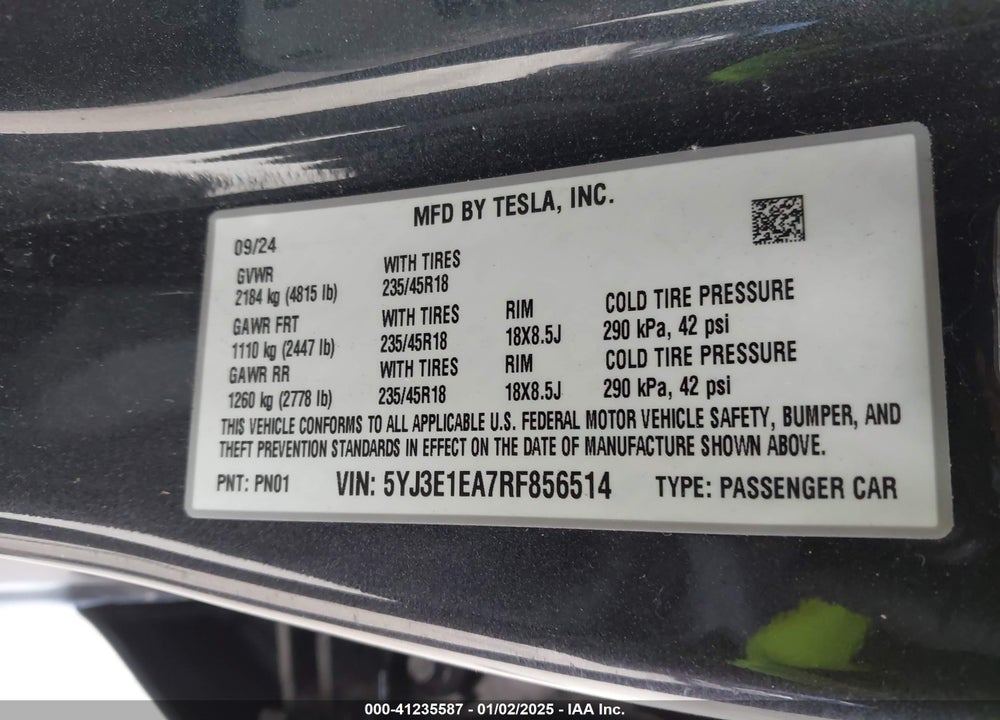 2024 TESLA MODEL 3 LONG RANGE DUAL MOTOR ALL-WHEEL DRIVE/REAR-WHEEL DRIVE VIN: 5YJ3E1EA7RF856514