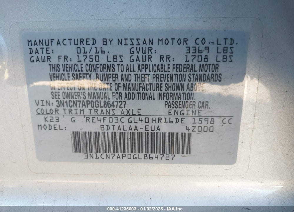 2016 NISSAN VERSA 1.6 S+ VIN: 3N1CN7AP0GL864727