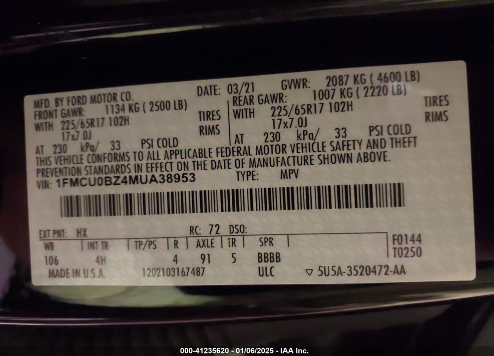 2021 FORD ESCAPE SE HYBRID VIN: 1FMCU0BZ4MUA38953