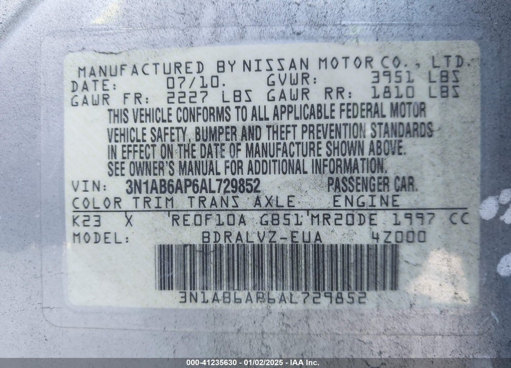 2010 NISSAN SENTRA 2.0SL VIN: 3N1AB6AP6AL729852