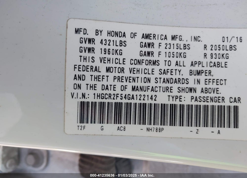2016 HONDA ACCORD VIN: 1HGCR2F54GA122142