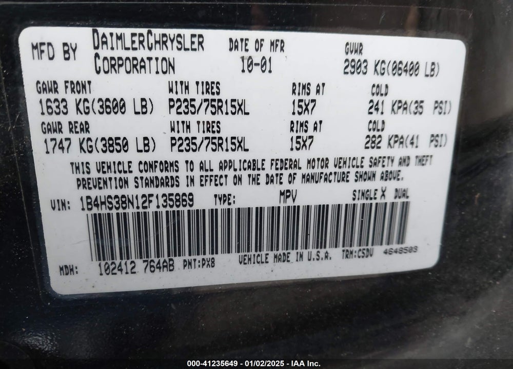 2002 DODGE DURANGO SPORT VIN: 1B4HS38N12F135869
