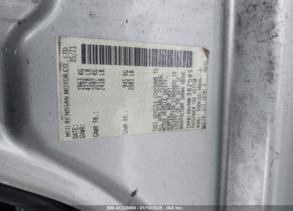 2021 NISSAN ALTIMA VIN: 1N4BL4BV9MN387985