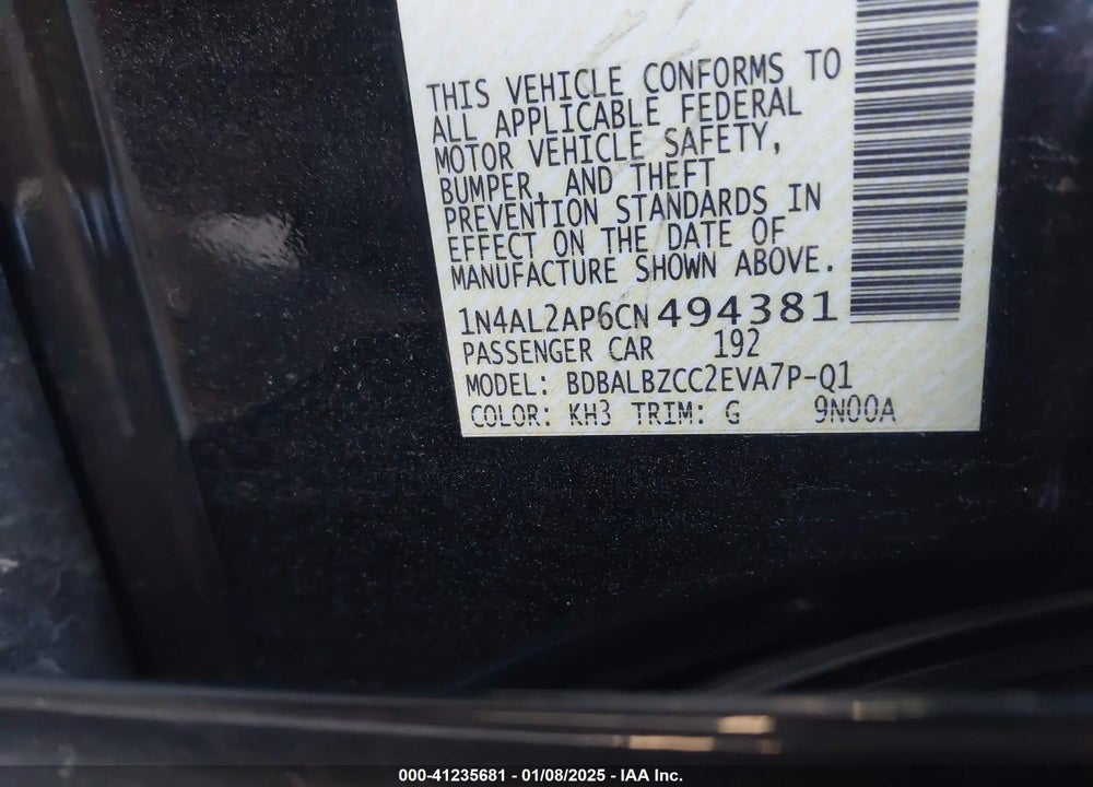 2012 NISSAN ALTIMA 2.5 S VIN: 1N4AL2AP6CN494381