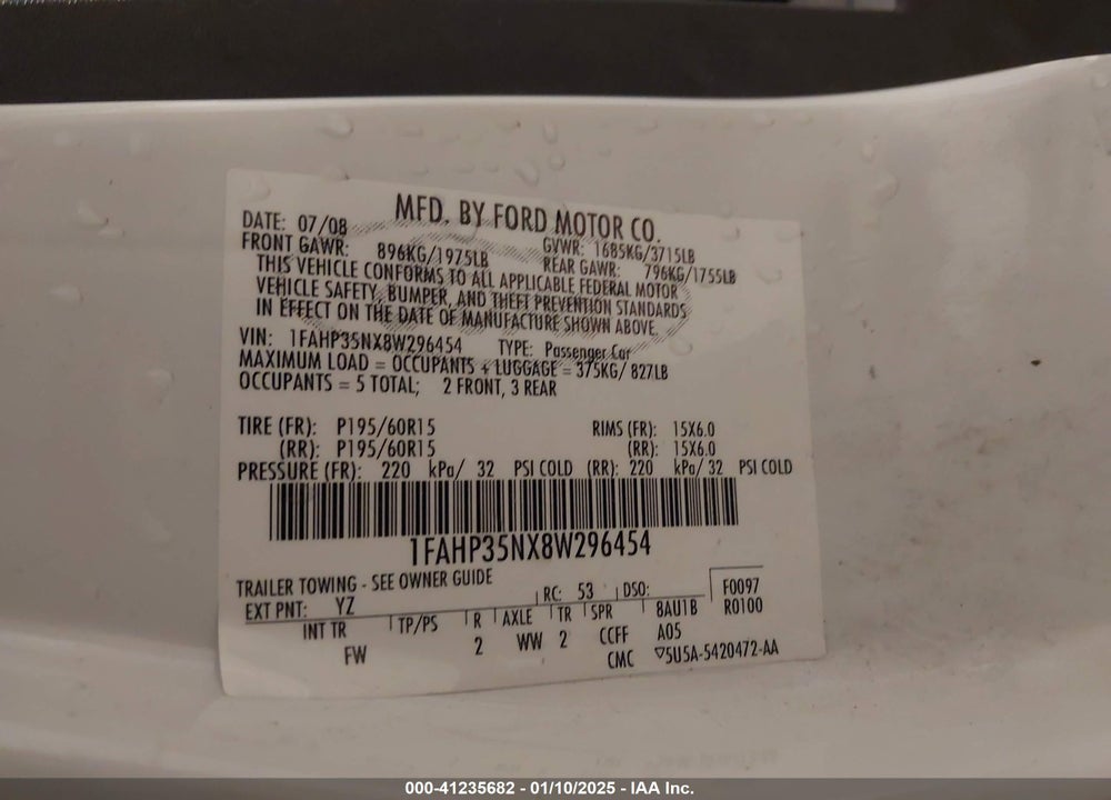 2008 FORD FOCUS SE VIN: 1FAHP35NX8W296454