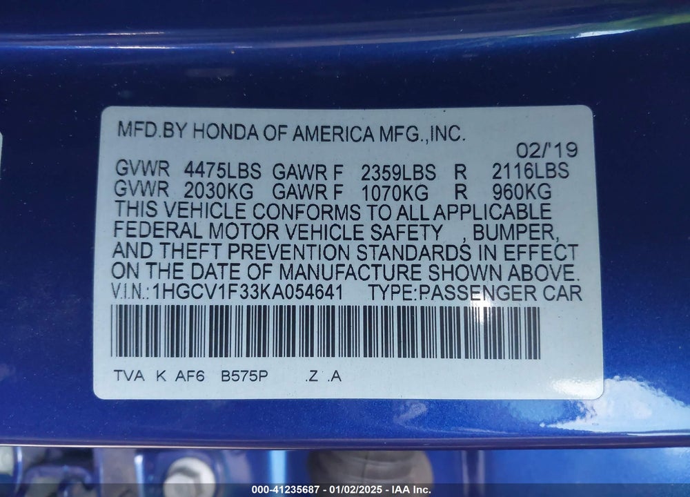 2019 HONDA ACCORD SPORT VIN: 1HGCV1F33KA054641
