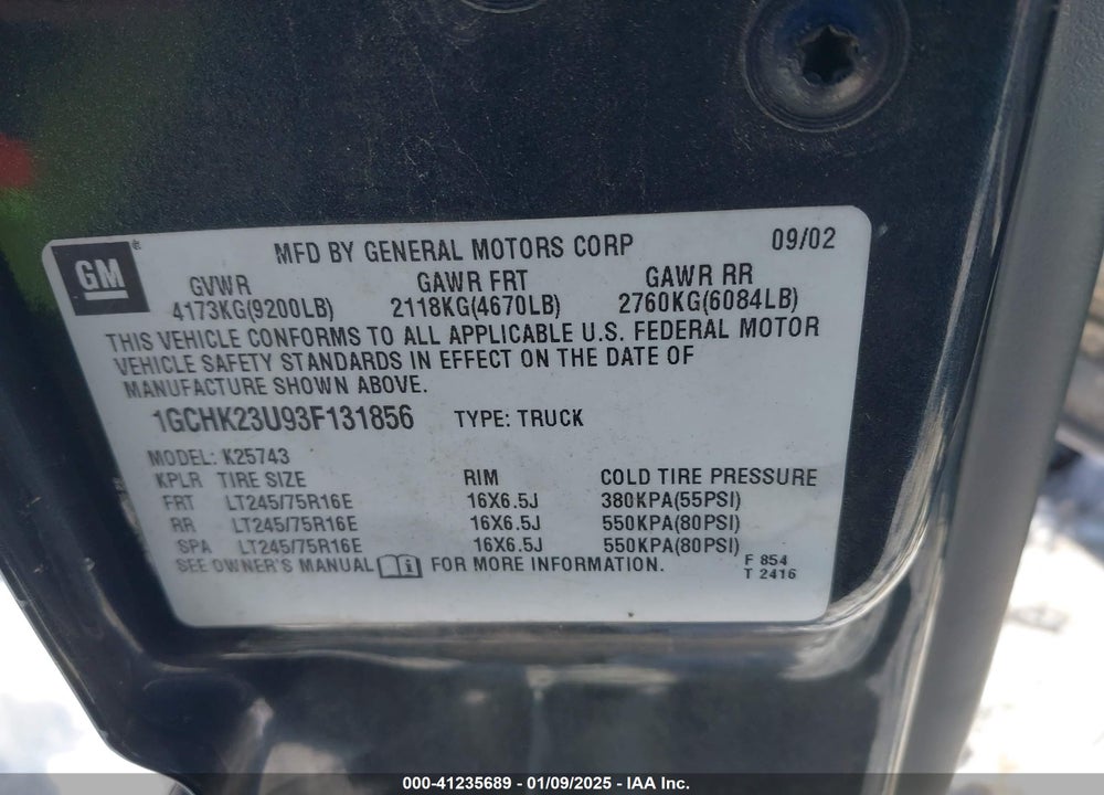 2003 CHEVROLET SILVERADO 2500HD LT VIN: 1GCHK23U93F131856