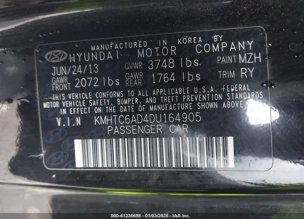 2013 HYUNDAI VELOSTER BASE W/BLACK VIN: KMHTC6AD4DU164905