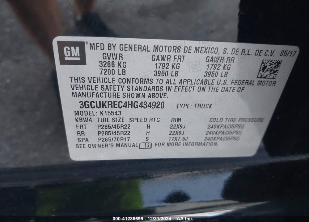 2017 CHEVROLET SILVERADO 1500 VIN: 3GCUKREC4HG434920