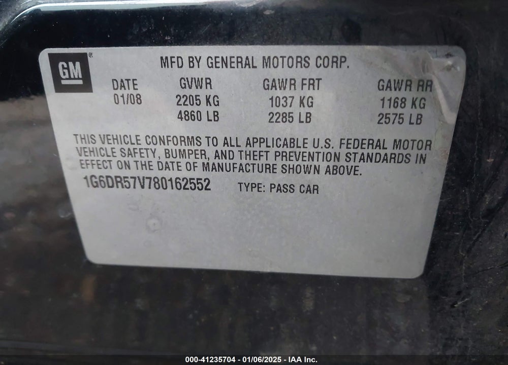 2008 CADILLAC CTS STANDARD VIN: 1G6DR57V780162552