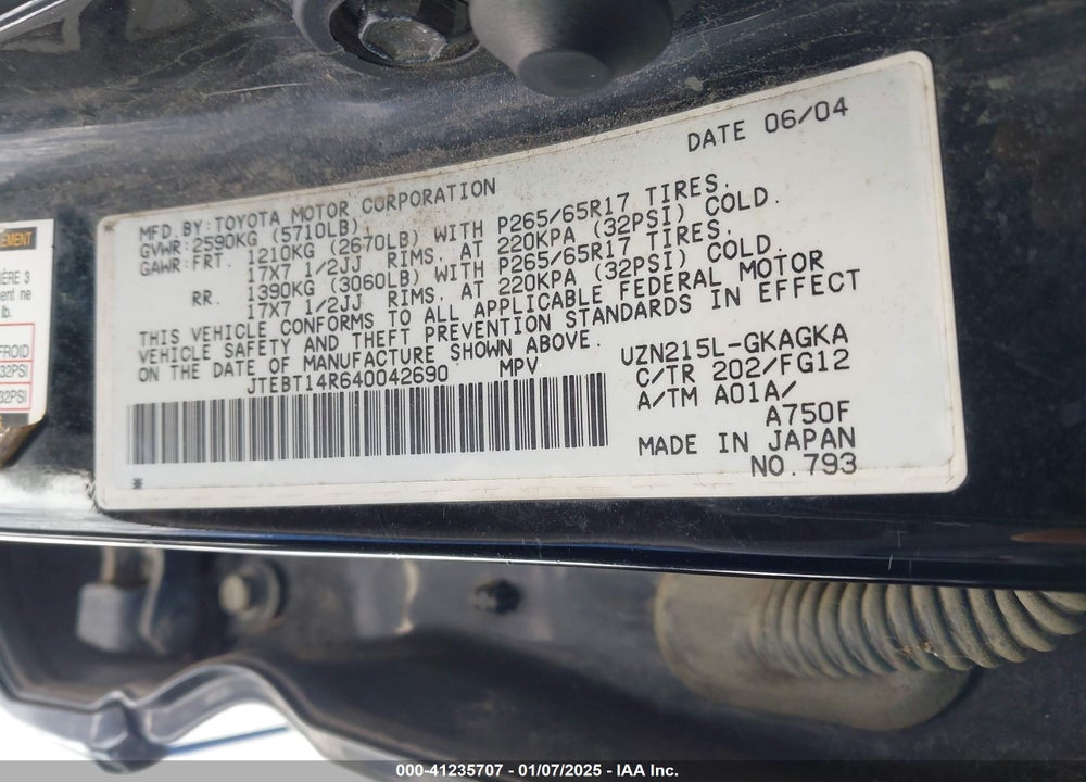 2004 TOYOTA 4RUNNER SR5 V8 VIN: JTEBT14R640042690