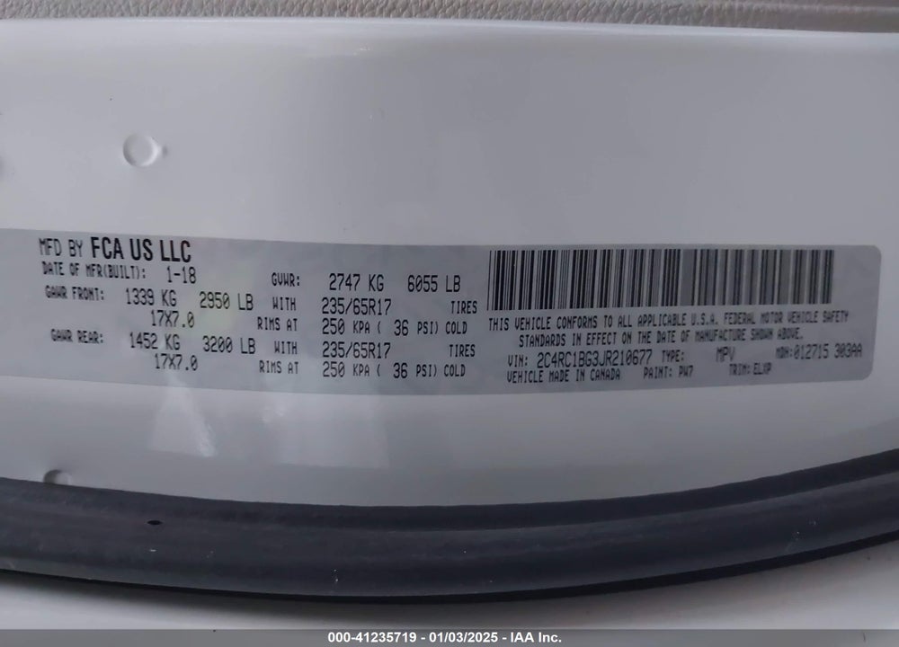 2018 CHRYSLER PACIFICA TOURING L VIN: 2C4RC1BG3JR210677