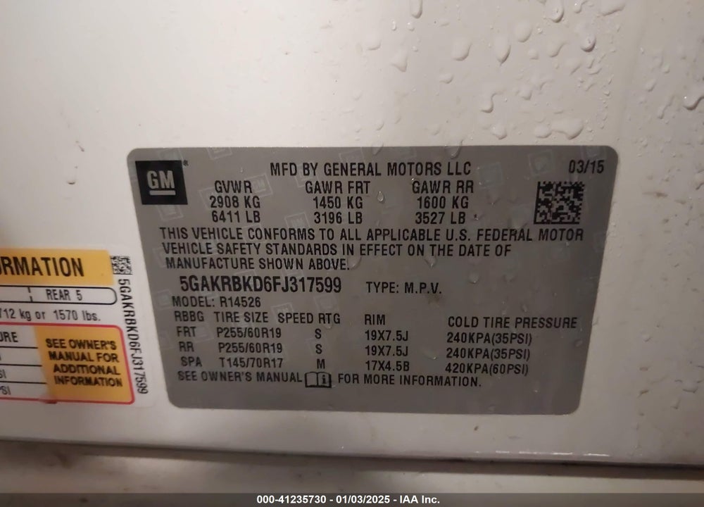 2015 BUICK ENCLAVE LEATHER VIN: 5GAKRBKD6FJ317599