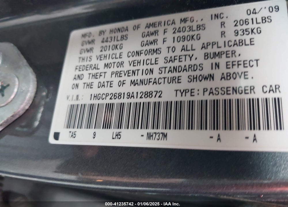2009 HONDA ACCORD 2.4 EX-L VIN: 1HGCP26819A128872
