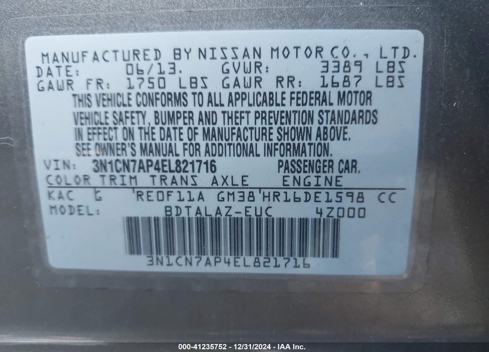2014 NISSAN VERSA 1.6 S+ VIN: 3N1CN7AP4EL821716