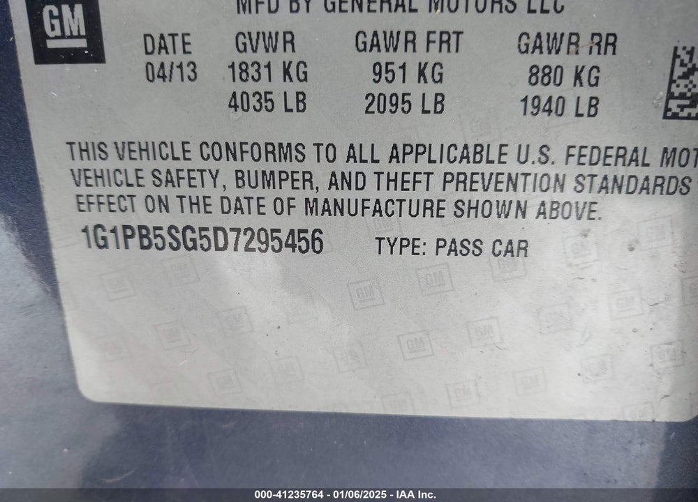 2013 CHEVROLET CRUZE VIN: 1G1PB5SG5D7295456