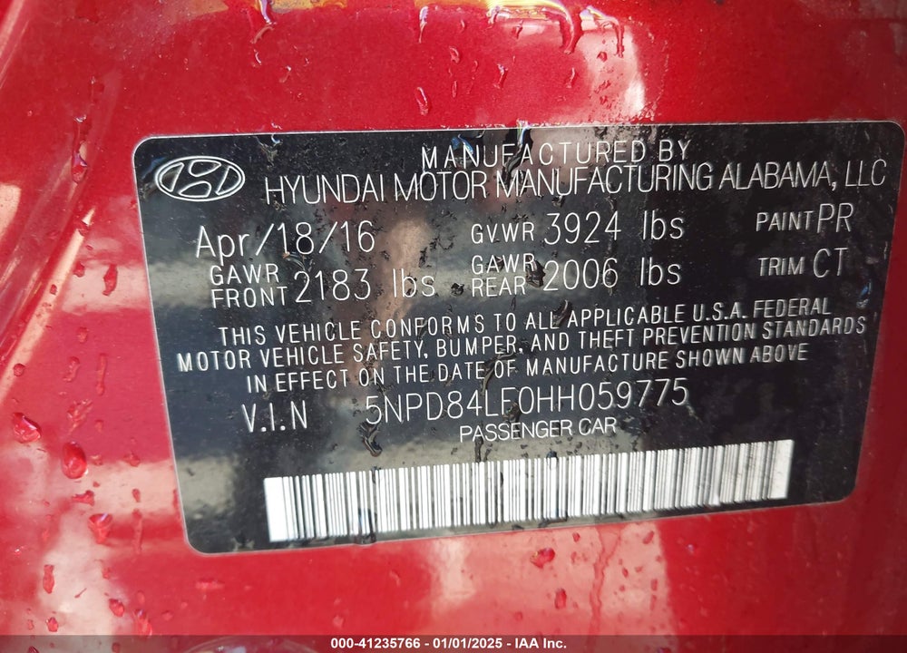 2017 HYUNDAI ELANTRA VIN: 5NPD84LF0HH059775