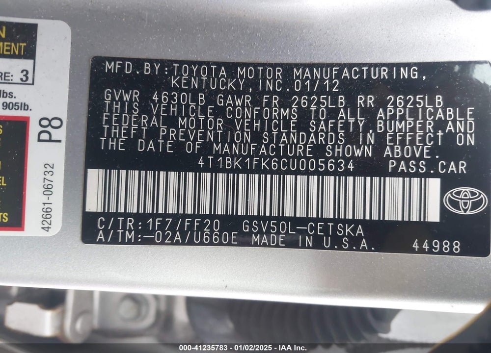 2012 TOYOTA CAMRY VIN: 4T1BK1FK6CU005634