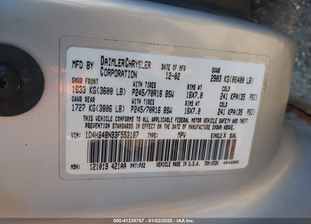 2003 DODGE DURANGO SLT VIN: 1D4HS48N93F553187