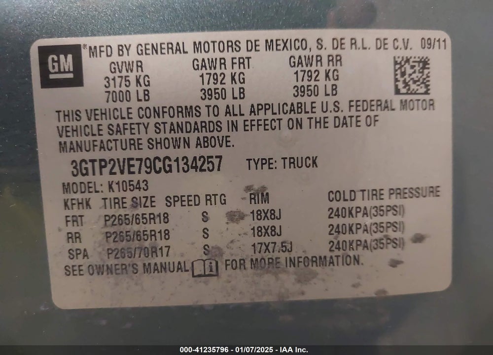 2012 GMC SIERRA 1500 SLE VIN: 3GTP2VE79CG134257