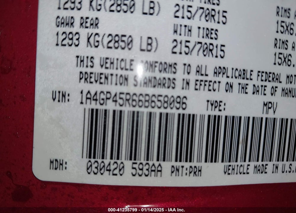 2006 CHRYSLER TOWN & COUNTRY VIN: 1A4GP45R66B658096