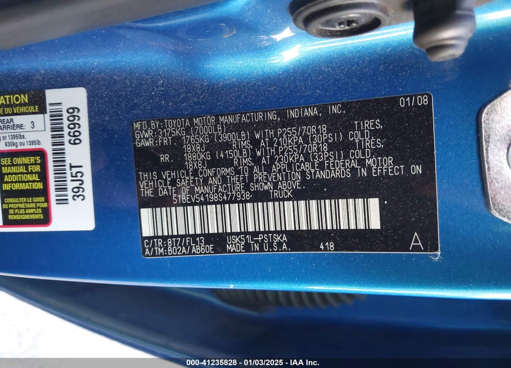 2008 TOYOTA TUNDRA VIN: 5TBEV54198S477938