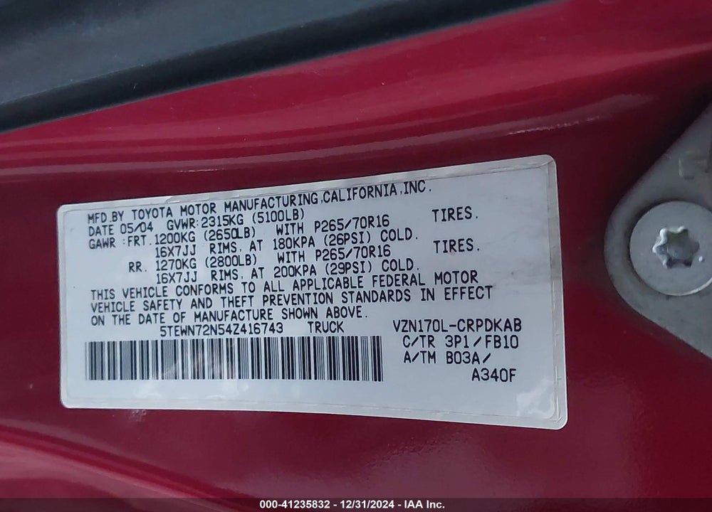 2004 TOYOTA TACOMA BASE V6 VIN: 5TEWN72N54Z416743