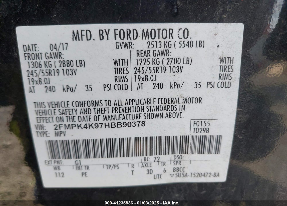 2017 FORD EDGE TITANIUM VIN: 2FMPK4K97HBB90378