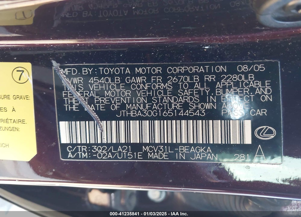2006 LEXUS ES 330 VIN: JTHBA30G165144543