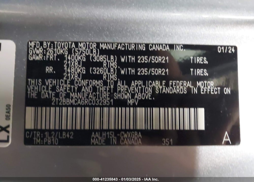2024 LEXUS RX 350H PREMIUM PLUS VIN: 2T2BBMCA6RC032951