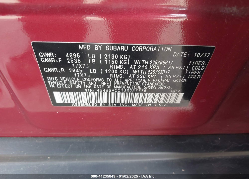 2018 SUBARU OUTBACK 2.5I PREMIUM VIN: 4S4BSACC1J3257775