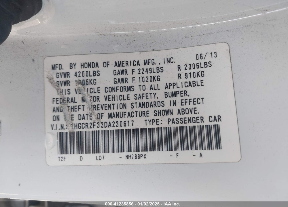 2013 HONDA ACCORD VIN: 1HGCR2F33DA230617