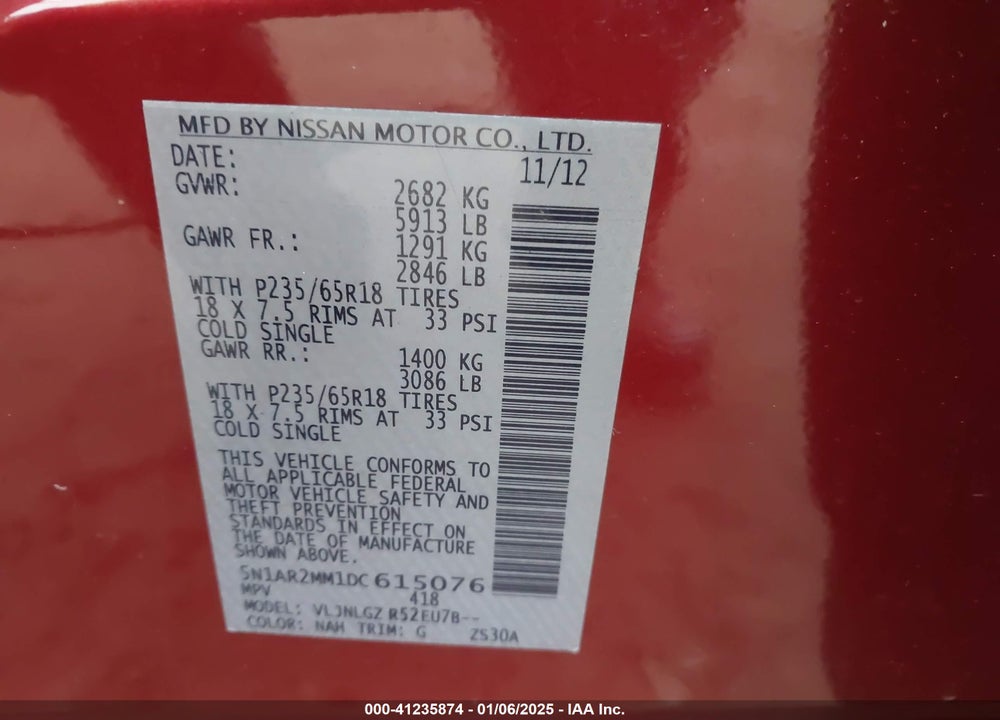 2013 NISSAN PATHFINDER SL VIN: 5N1AR2MM1DC615076