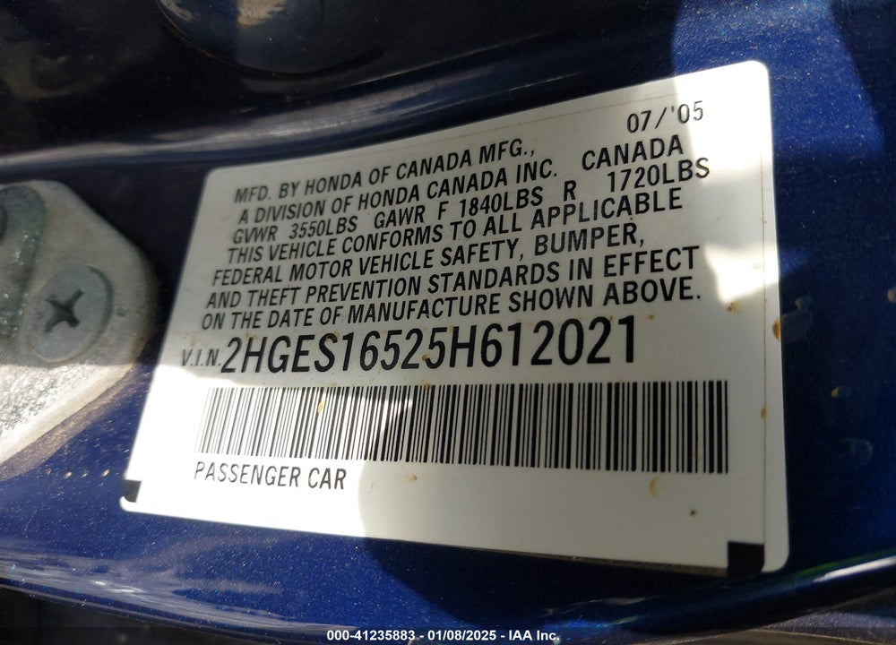 2005 HONDA CIVIC LX VIN: 2HGES16525H612021