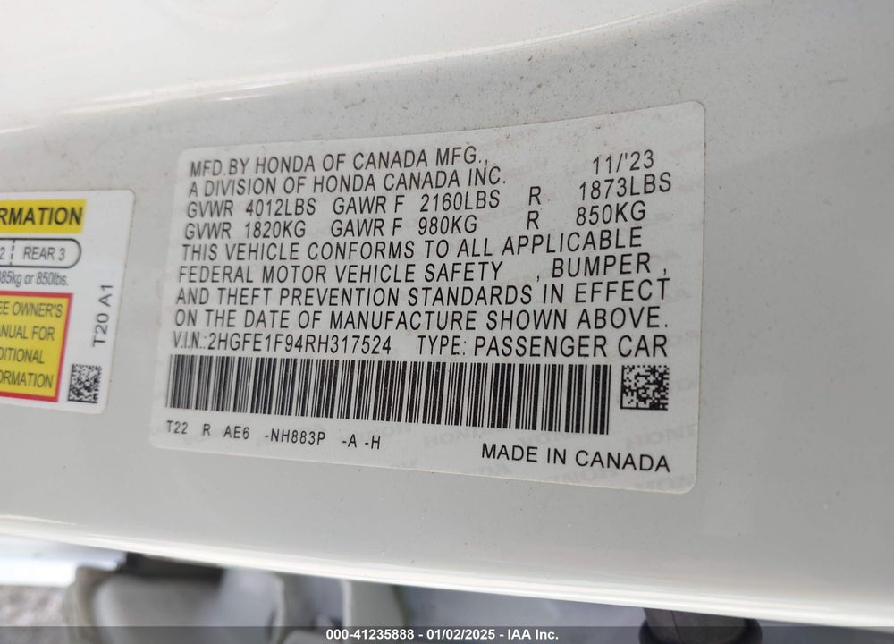 2024 HONDA CIVIC VIN: 2HGFE1F94RH317524