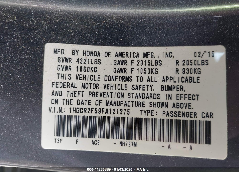 2015 HONDA ACCORD SPORT VIN: 1HGCR2F59FA121275