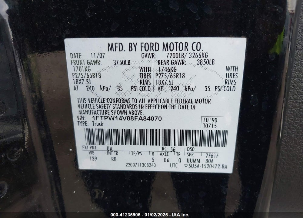 2008 FORD F-150 FX4 VIN: 1FTPW14V88FA84070