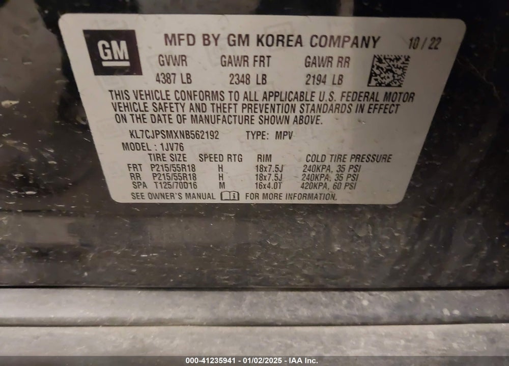 2022 CHEVROLET TRAX AWD LT VIN: KL7CJPSMXNB562192